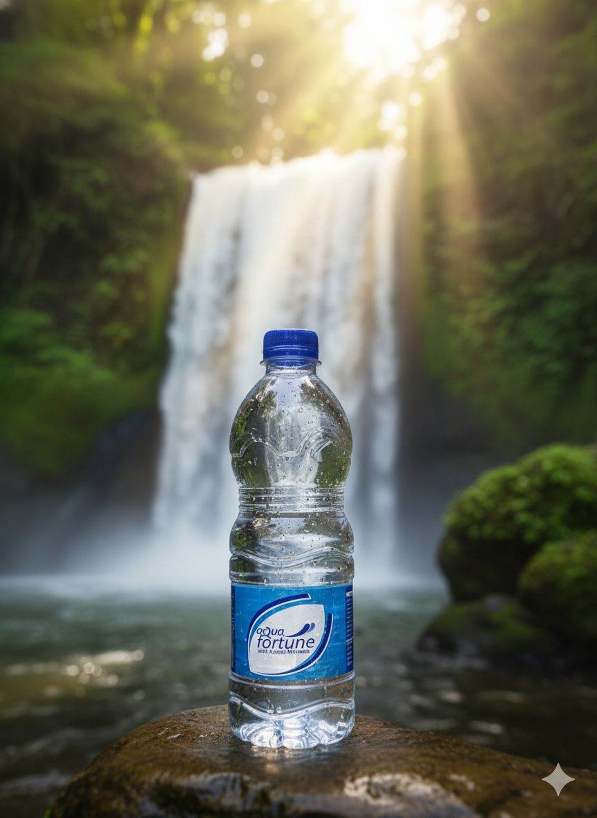 Acqua Fortune water bottle with natural waterfall background – premium purified water